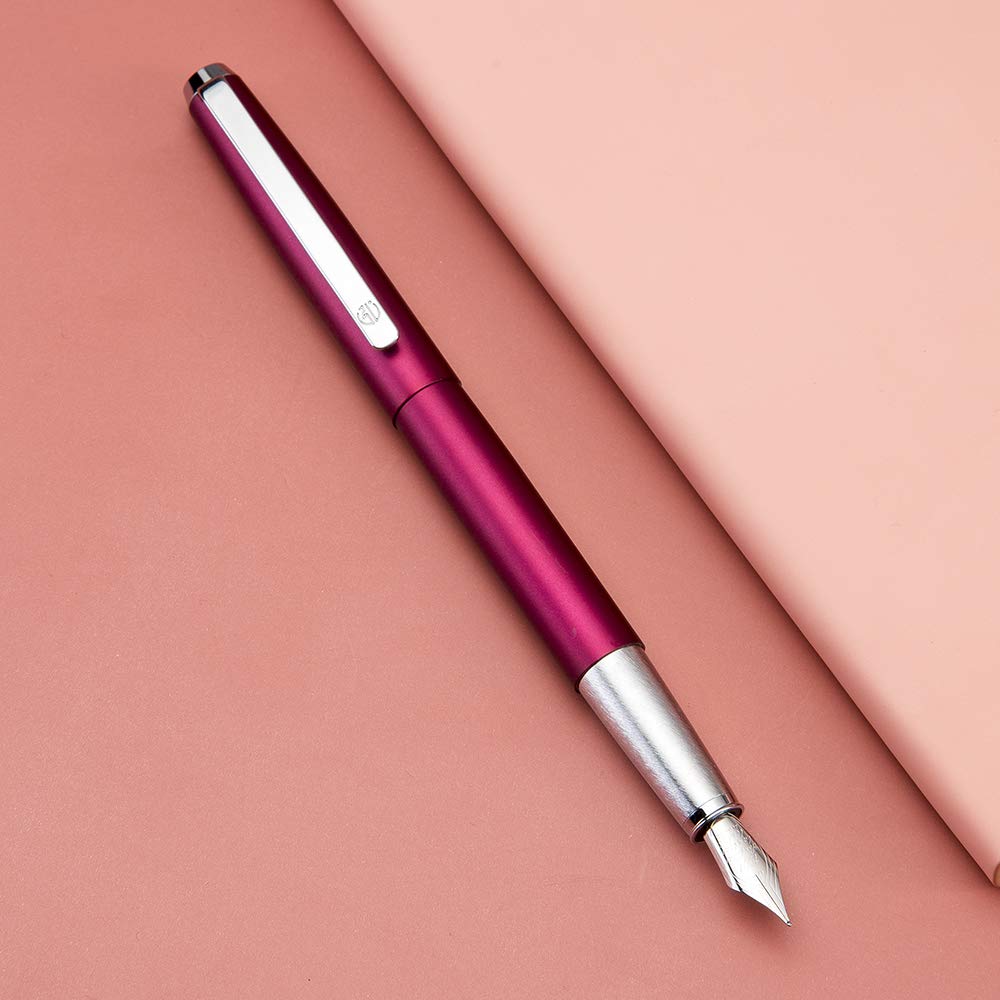 HongDian 525 Purple Red Metal Fountain Pen, Extra Fine Nib Classic Pen Includes Metal Pen Case and Refillable Converter