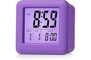Plumeet Digital Alarm Clock for Kids with Snooze and Nightlight - Easy Setting Silicone Display Time, Date - Loud for Bedroom - Battery Powered (Purple)