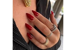 KQueenest Red Press on Nails Medium Almond Stiletto,Pure Color Acrylic Nails Set Reusable Fake Nails Almond Nails Press on False Nails for Women with Protective UV Coating Manicure 24 Pcs