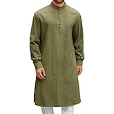 Runcati Mens Kaftan Robe Button Down Long Sleeve Cotton Linen Thobe Casual Muslim Gown Henley Shirt