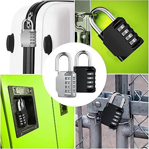 KeeKit Combination Lock, 4 Digit Combination Padlock, Waterproof Gate Lock, Resettable Combo Lock for Locker, Gym, Cases, Toolbox, School, 2 Pack - Silver & Black