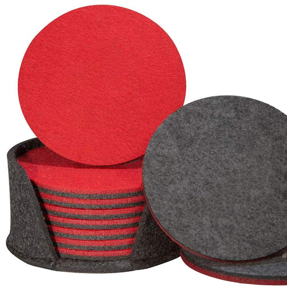 Felt Coasters Set of 8 with Coaster Holder, Double Sided Plain Round Coasters for Drinks, 5mm Thick Felt Highly Absorbent Cup Mats (Red, Grey) — image 1