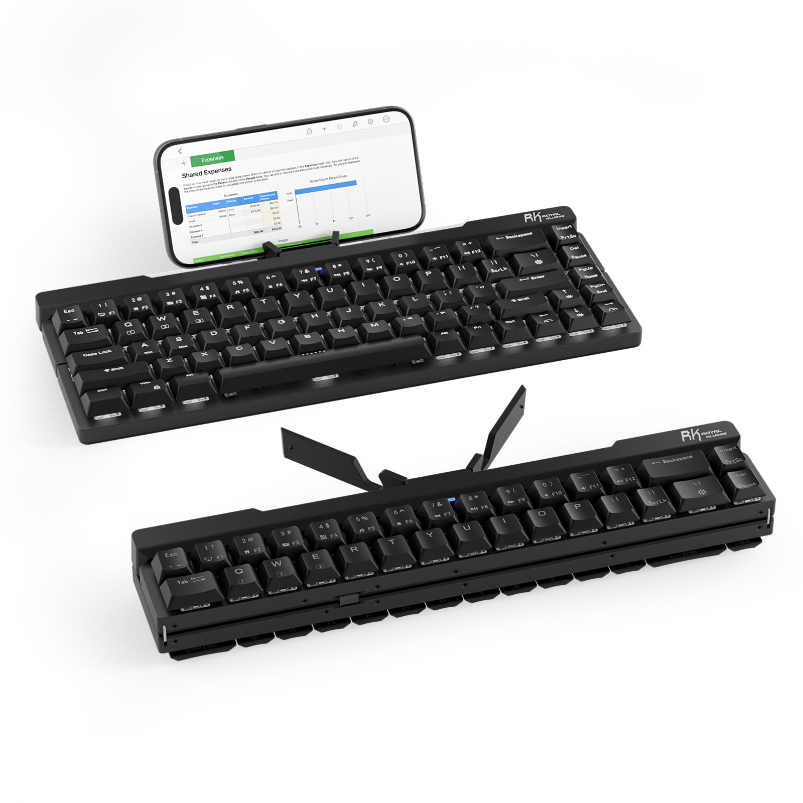 RK ROYAL KLUDGE F68 60% Foldable Low Profile Mechanical Keyboard, Wireless Mechanical Keyboard with Aluminum Body, Built-in Stand Holder, White Backlit, 68 Keys