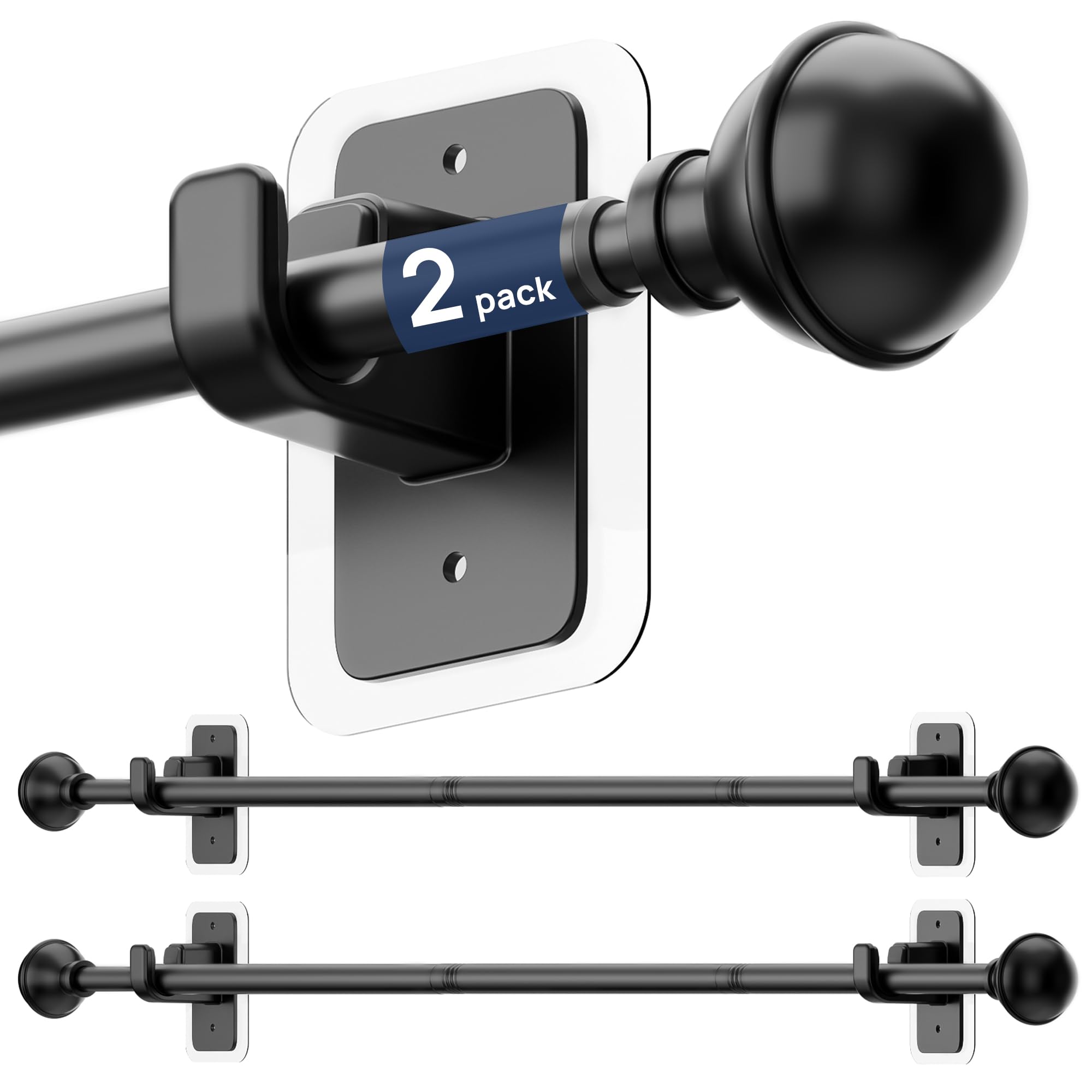 Photo 1 of ENJOYBASICS 2 Pack No Drill Curtain Rods for Window 28 to 48 Inches, 5/8 Inch Diameter Renter Friendly Drapery Rod with Adhesive Brackets without Drilling, Adjustable from 27 to 52 Inches, Black