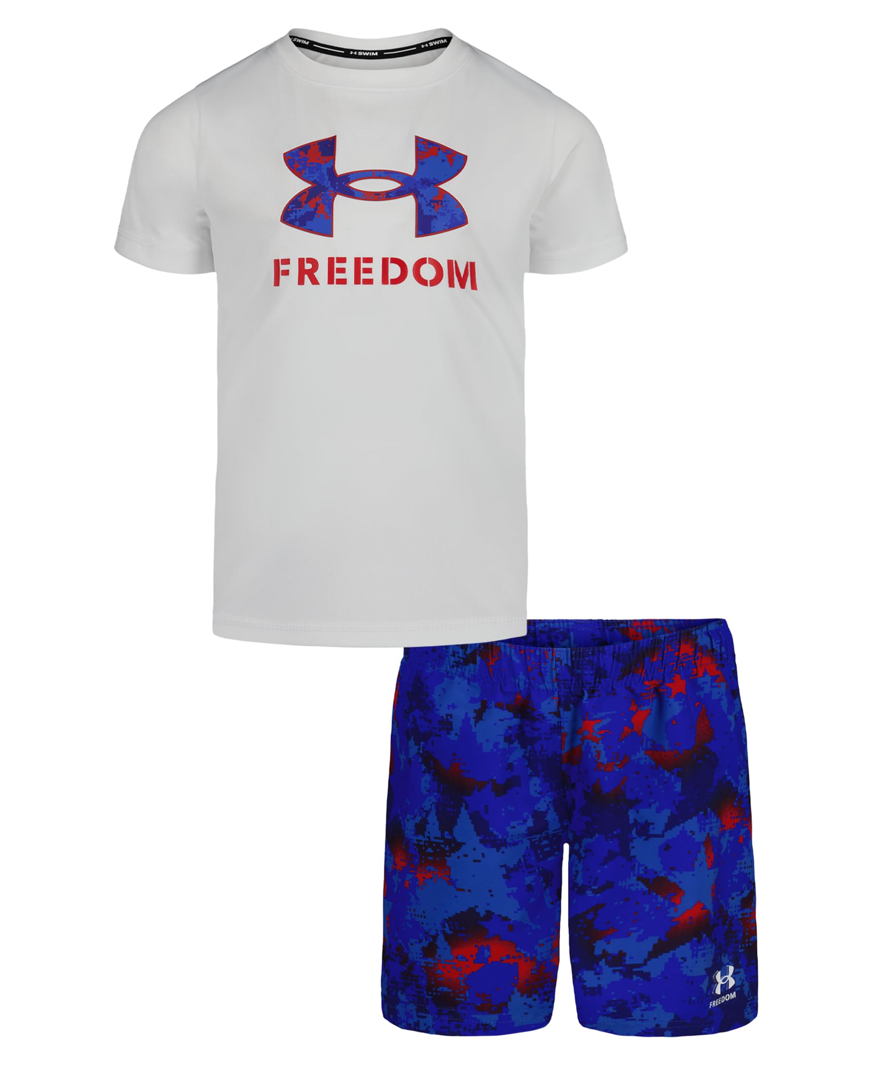 Under Armour Boys' 2-Piece Rashguard Swim Set, Short Sleeve Surf Shirt and Volley Trunks, UPF 50+ Sun Protection, White UA, 5 Image