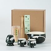 Unique Cat Matcha Tea Set, Matcha Bowl with Spout, 2 Cups, Bamboo Whisk, Chasen Holder & Scoop, 6 Pcs Matcha Set for Tea Ceremony & Unique Gift for Matcha Lover