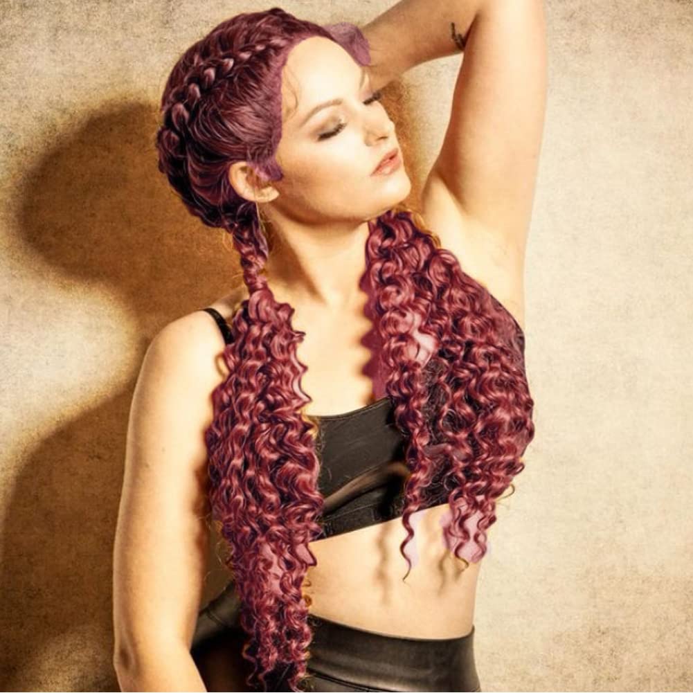 AFBeauty 30Inch 99J Braided Wig for Women Synthetic Lace Front Braids Handmade Burgundy Red Twist Braided Wigs Afro Knotless Braid Cosplay Party