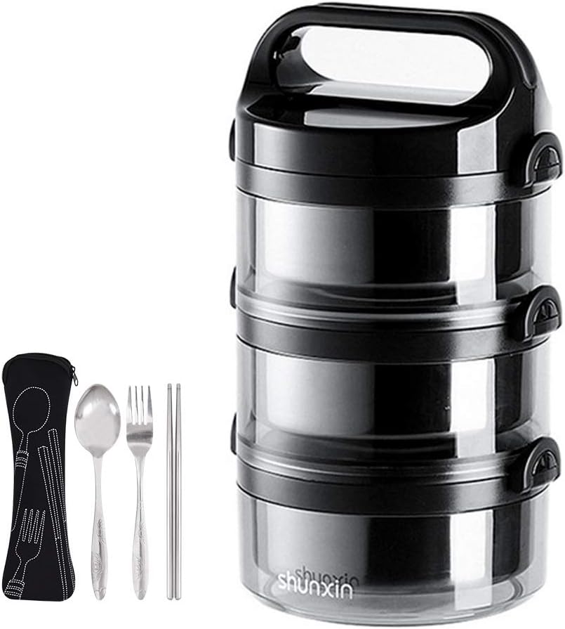 HOMESPON Lunch Box with Insulated Lunch Bag Bento Box Stackable Stainless Steel Lunch Storage Containers with Spoon for School and Adults Office (Black, 3-Tier)