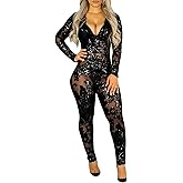 YOOTIKO Women's Sexy Sequin Bodycon Jumpsuit Lace V Neck Long Sleeve Romper Birthday Outfit Clubwear