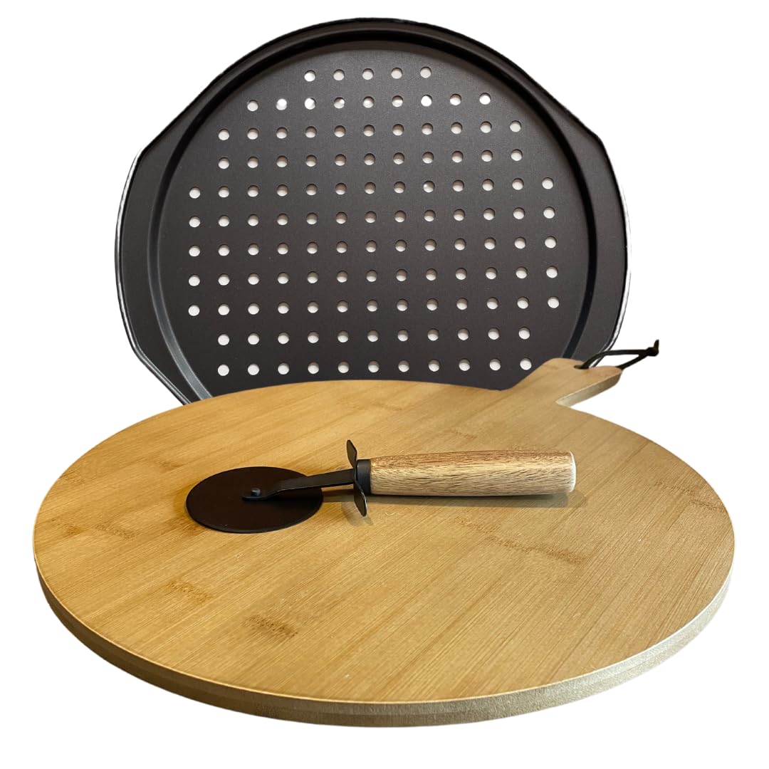 Pizza Oven Accessories: Board, Cutter Wheel & Tray for Crispy Crust. Serving Boards, Black Steel Wheel & Oven Trays