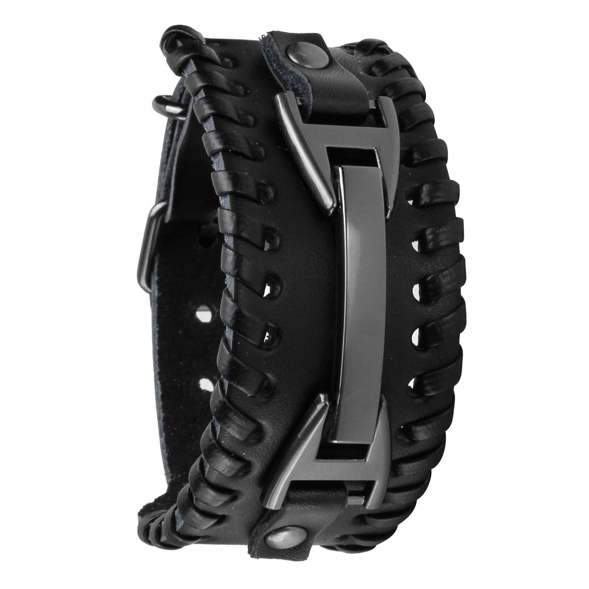 Eigso Black Retro Punk Wide Belt Braided PU Bracelet Fastening Buckle Metal Wristband for Men Women