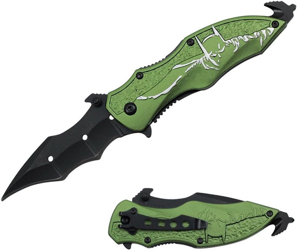 8" Knives Batman Green Spring Assist Opening Survival Steel Pocket Glass Breaker
