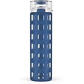 Ello Syndicate 20oz Reusable Glass Water Bottle with One-Touch Leak Proof Flip Lid and Protective Non-Slip Silicone Sleeve and Carry Loop for Coffee, Tea and Water, BPA-free Dishwasher Safe, Bold Blue