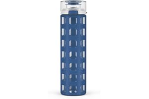 Ello Syndicate 20oz Reusable Glass Water Bottle with One-Touch Leak Proof Flip Lid and Protective Non-Slip Silicone Sleeve and Carry Loop for Coffee, Tea and Water, BPA-free Dishwasher Safe, Bold Blue