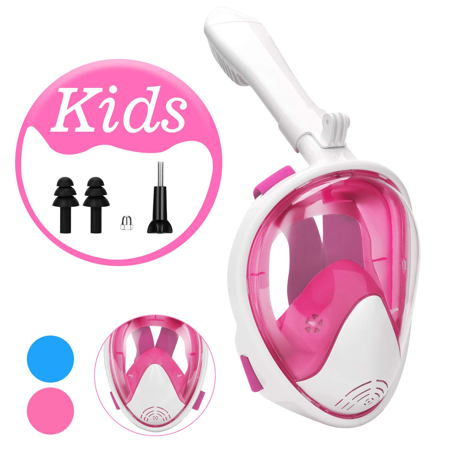 QKURT Upgraded Full Face Snorkel Mask, 180°Degree View Snorkeling Mask with Removable Action Camera Mount and Easy Use Design for Kids