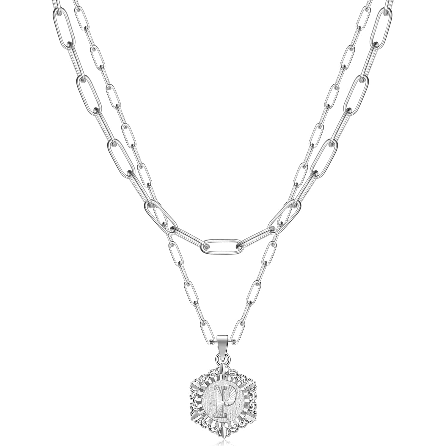 KissYan Initial Necklaces for Women, 14K Gold Plated Hexagon Letter Pendant Silver Chain Dainty Layered White Gold Paperclip Link Adjustable Capital A-Z Choker Necklace Trendy Jewelry Gifts