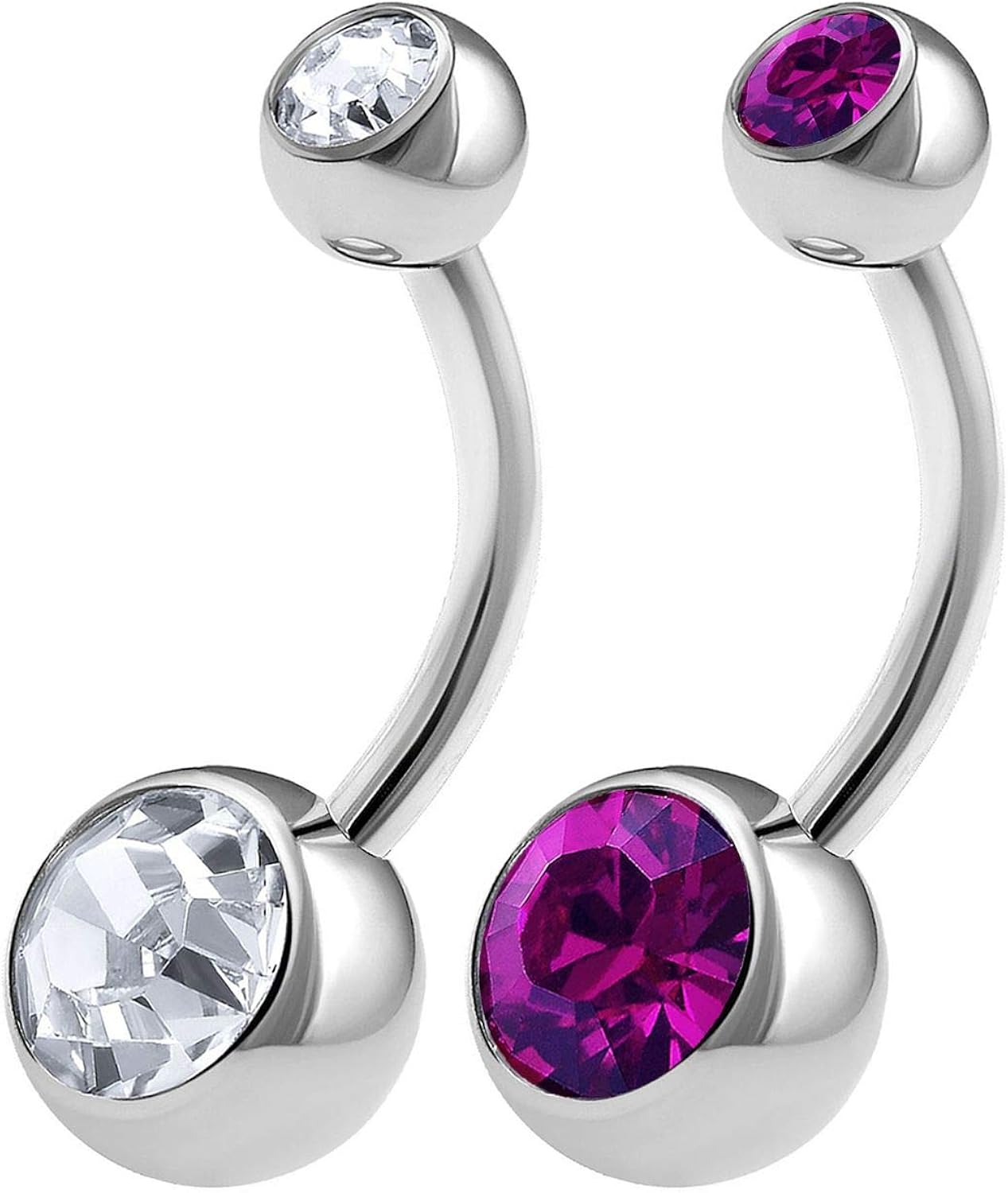 2PCS 316L Surgical Steel Barbell Belly Button Rings 14 Gauge 3/8 10mm Amethyst Crystal Balls