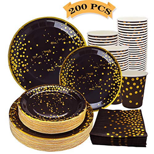 Black and Gold Party Supplies Paper Plates Disposable Paper Dinnerware Set 50 Dinner Plates 50 Dessert Plates 50 Cups 50 Napkins for Baby Shower Wedding Birthday Christmas Decorations-200PCS(black)