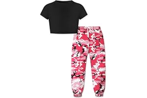 Betusline Girls & Women 2 Piece Outfits, Short Sleeve Crop Top Cargo Pants Trendy Clothing Sets, 4T- Women XL
