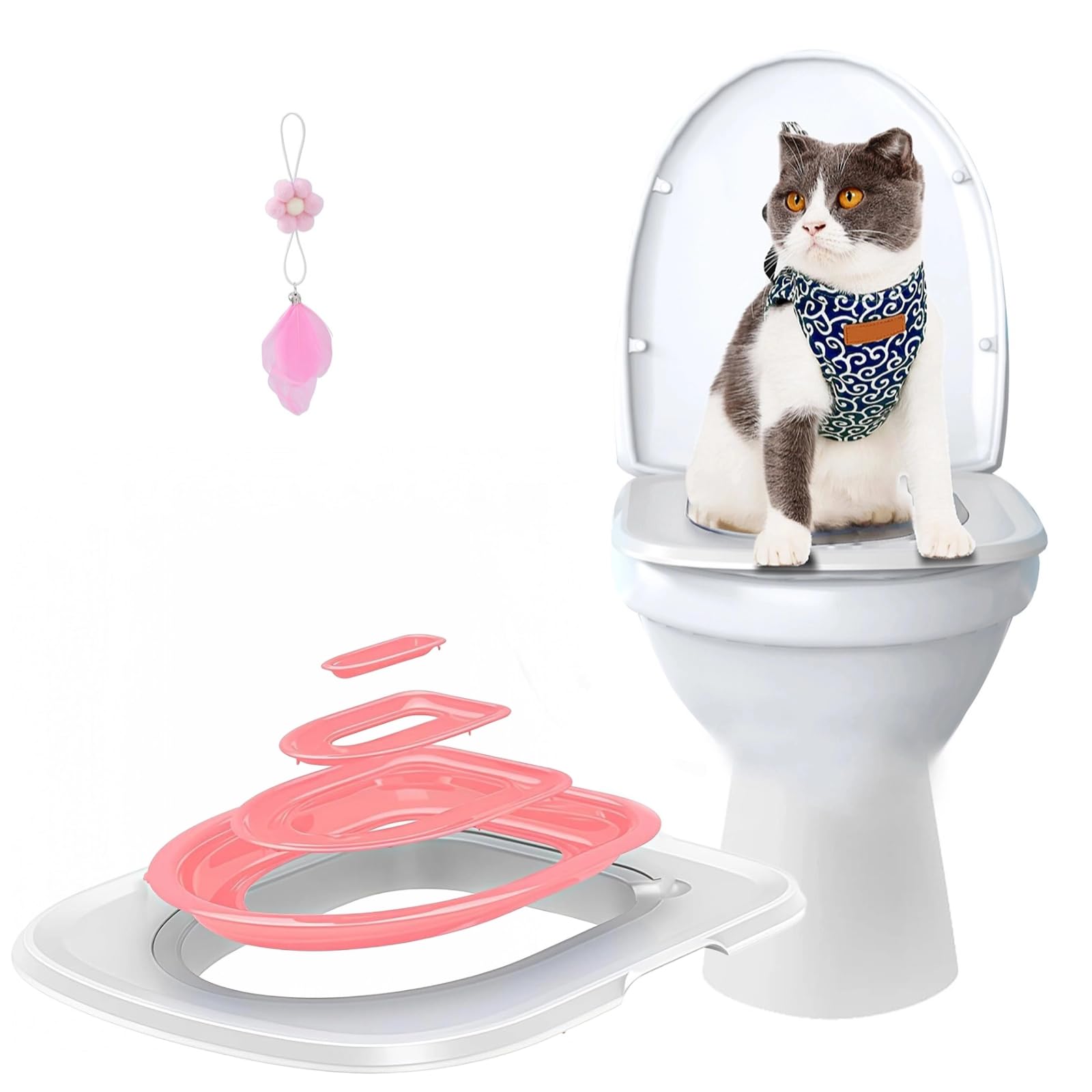 Photo 1 of Cat Toilet Training Systems,Cat Toilet Training Kit,Reusable Plastic Trainer for Pet Cleaning with 1 Replaceable Cat Feather Toy,Litter Boxes (Pink)
