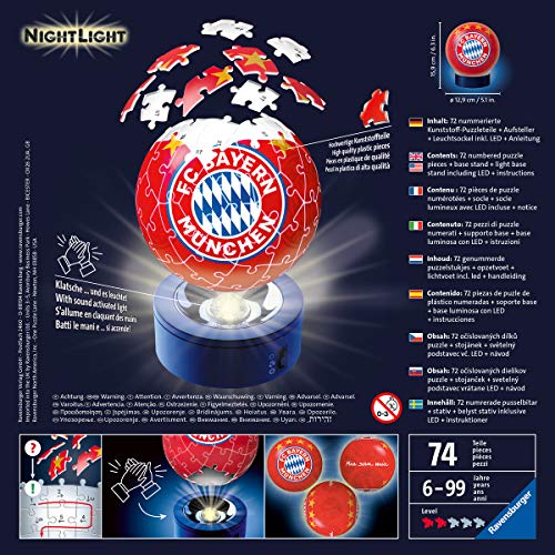 Ravensburger 3D Puzzle 12177 - Nachtlicht Puzzle-Ball FC Bayern München - ab 6 Jahren, LED Nachttischlampe mit Klatsch-Schalter – Bild 5