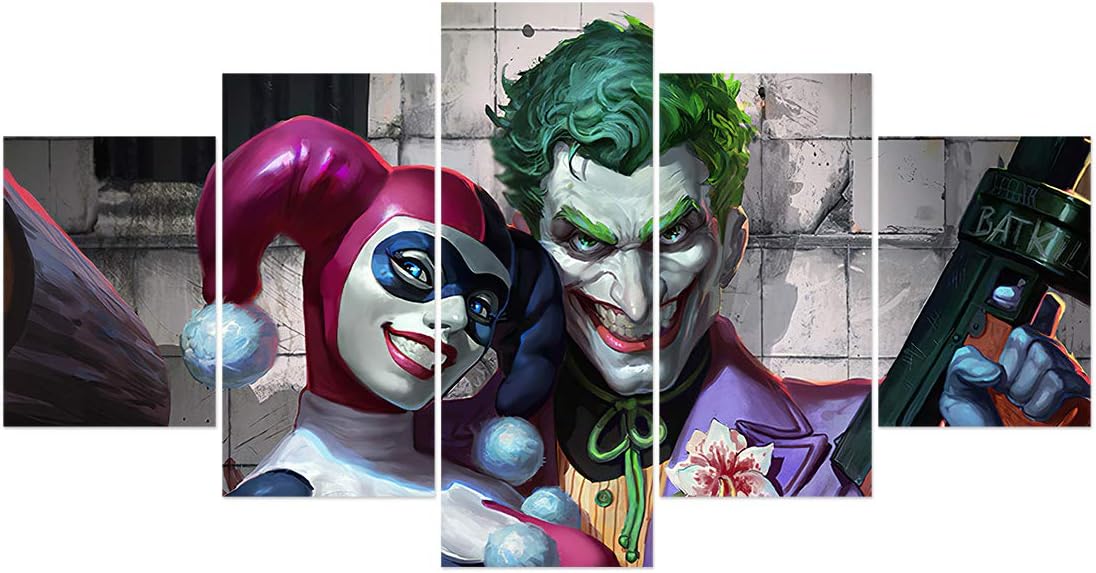 FUNHUA Joker and Harley Quinn Poster Wall Art 5 Panel DC Canvas Painting for Boys Girls Room Bedroom Decor, Unframed