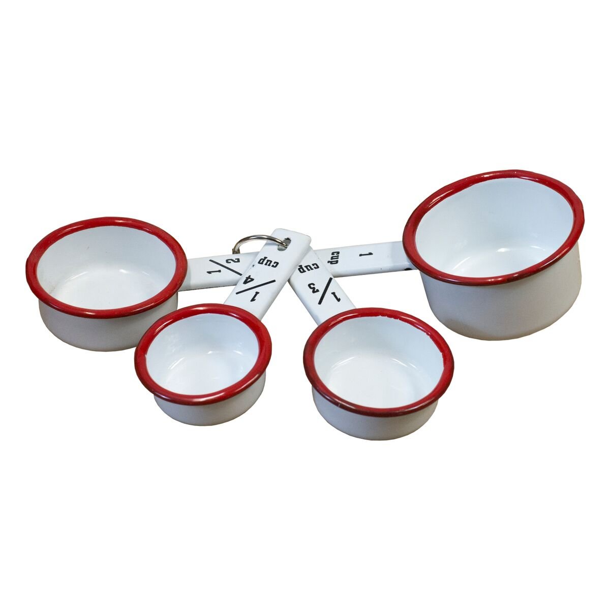 Vintage Inspired Metal Enamel White Measuring Cup Set with Red Trim