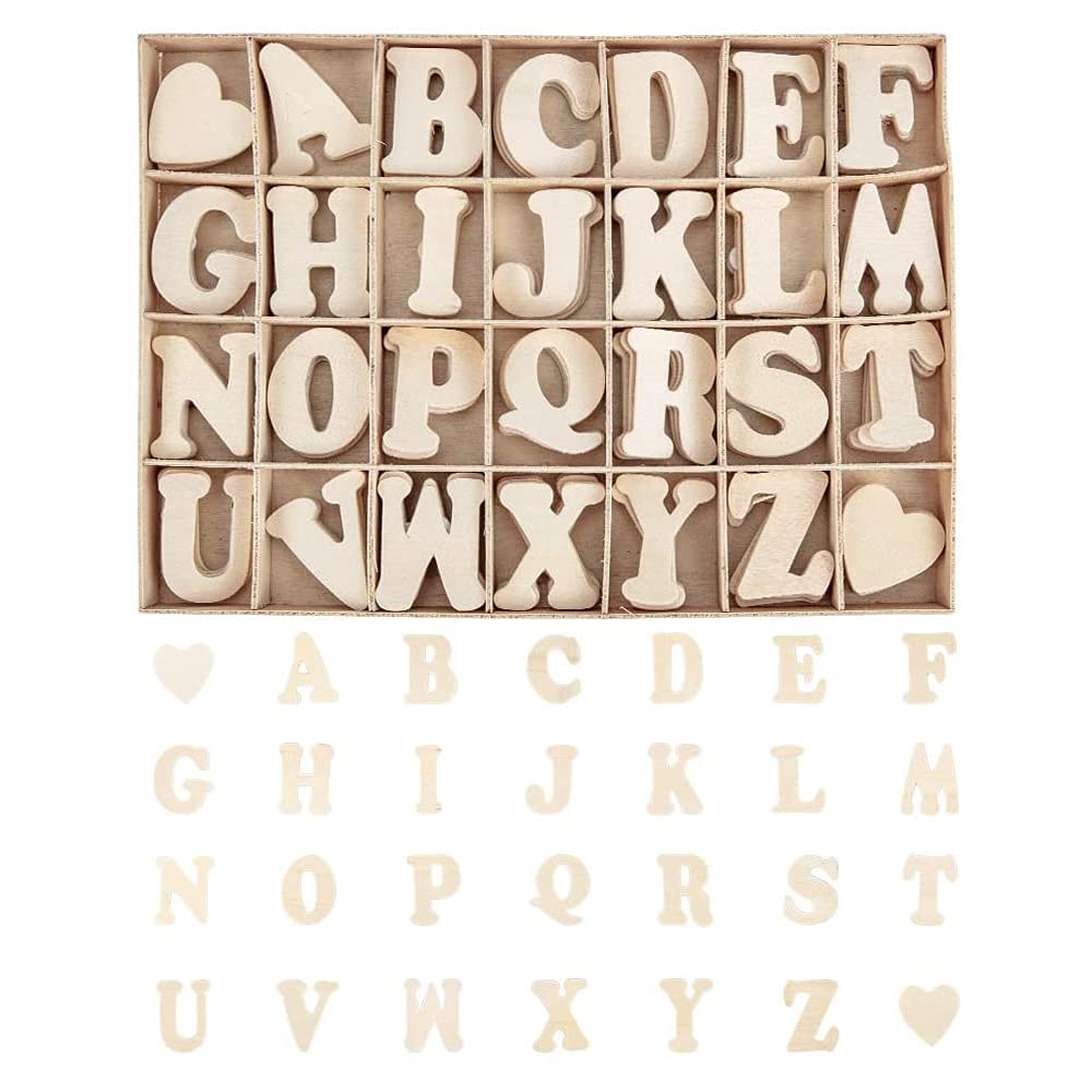 ANCLLO 112Pcs Wooden Letters A-Z and Heart Set with Storage Tray - Natural Wooden Alphabet Craft Letters for Arts, Crafts, Wedding Display Decor