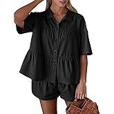 Cicy Bell Womens 2 Piece Outfits Summer Pleated Button Down Shirts High Waisted Shorts Lounge Sets