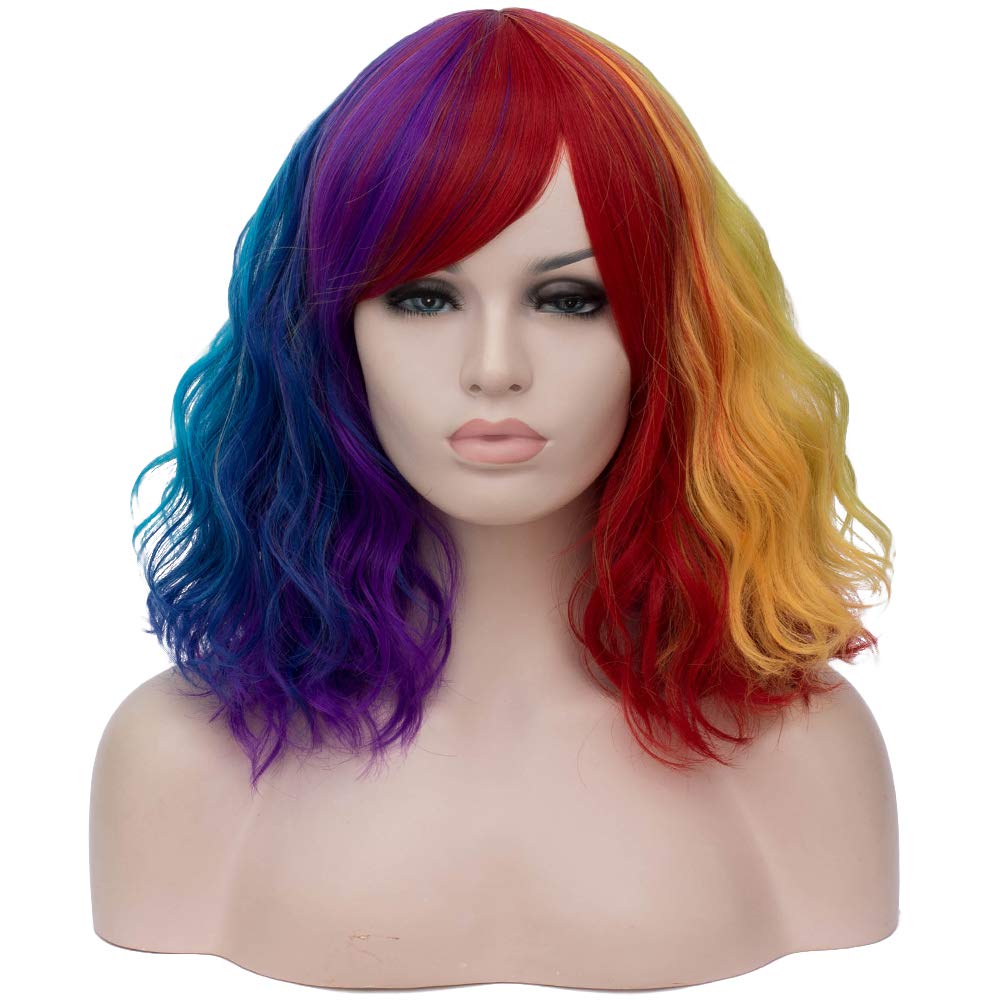 Photo 1 of BERON 14 Inches Multi Color Wig Women’s Rainbow Curly with Bangs Colorful for Women Halloween Cosplay Wig for Daily Use Synthetic Wigs (Multi-color)