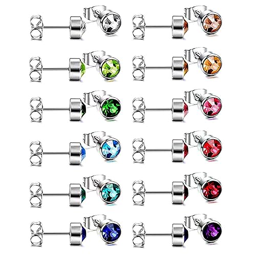HO2NLE 12 Paar Ohrstecker Edelstahl Ohrringe Zirkonia 6mm Ohr Piercing Ohrschmuck für Frauen Männer 12 Farben
