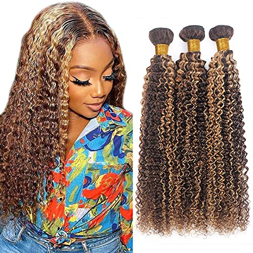 Highlight Kinky Curly Humanhaarbündel Brasileño Remy Human Hair Bundles Piano Color P4/27 Honey Blonde Bundle Double Weft Bundle für Frauen 16 18 20 Zoll