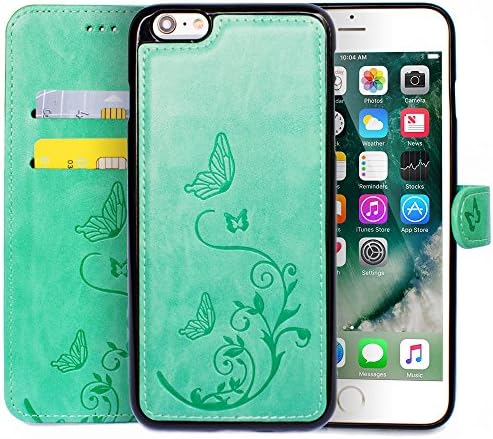 WaterFox Case for iPhone 6 Plus/6S Plus, Wallet Leather Case with 2 in 1 Detachable Cover, Women's Vintage Embossed Pattern with 2 Card Slots & Wrist Strap Case - Green
