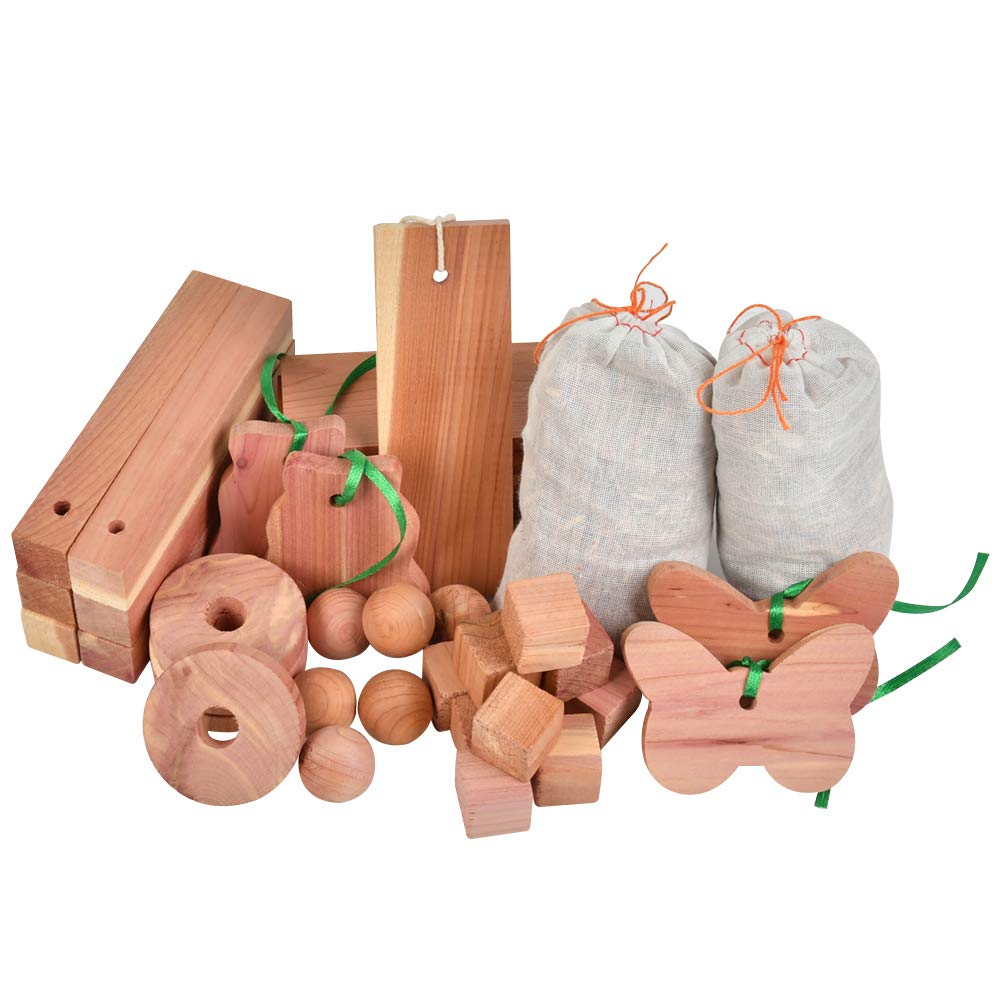 BUYGOO 40 Pcs Cedar Wood Moth Repellent Set Cedar Wood Rings, Cedar Wood Balls, Cedar Wood Blocks, Cedar Wood Widget and Cedar Sachets, Natural Anti Moth Repellent for wardrobes & Drawers