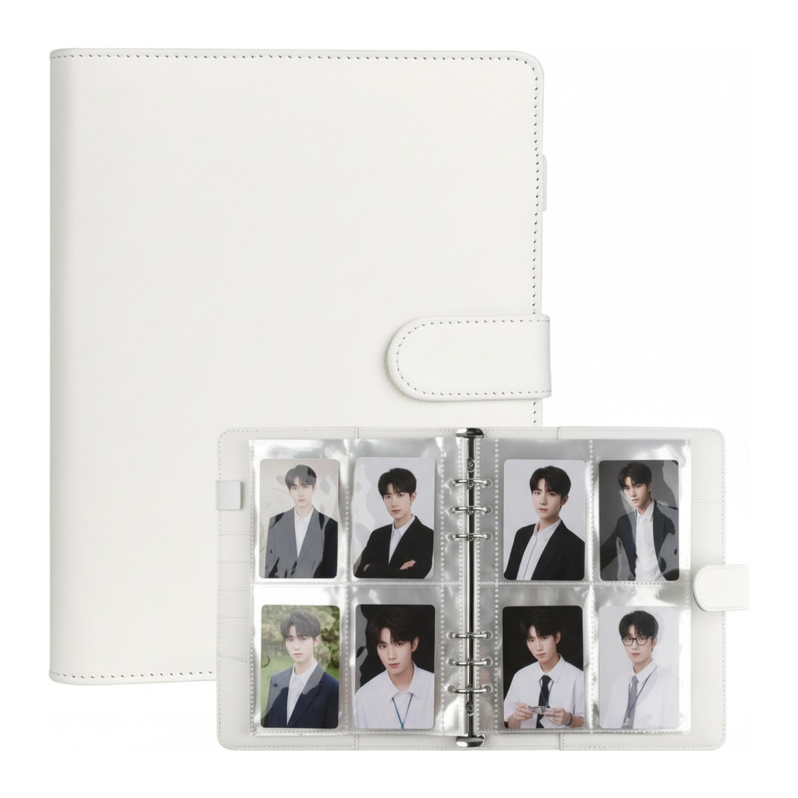 A5 6 Ring Kpop Photocard Binder | 35 Pack 4-Pocket Pages 280 Card Holder - PU Leather Magnetic Closure Album Binder Cover for Organizing Trading Card（White）