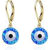 KECHO 14K Yellow Gold Blue Opal Evil Eye Dangle Drop Earring Leverback Earrings Protection Jewelry Christmas Gifts for Women