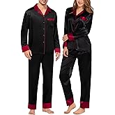 SWOMOG Couples Satin Pajama Set Women & Men Long Sleeve Sleepwear Button Down Loungewear Silky Pj Set with Long Pants