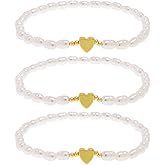 Tyebiva Valentines Day Gold Heart Stack Bracelets Set for Women, 3Pcs Dainty Boho Handmade Pearl Beads Stackable Stretch Bracelet Outfit Accessories Jewelry Gift.