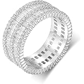 MDFUN 18K White Gold Plated Halo Eternity Rings Wedding Bands 2 Rows Emerald Cut Cubic Zirconia Statement for Women Rings Size 5-10