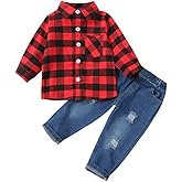 Bekarsy Baby Toddler Boy Clothes Kids Red Plaid Shirt Ripped Holes Jeans Fall Winter Outfit Set 1-5T