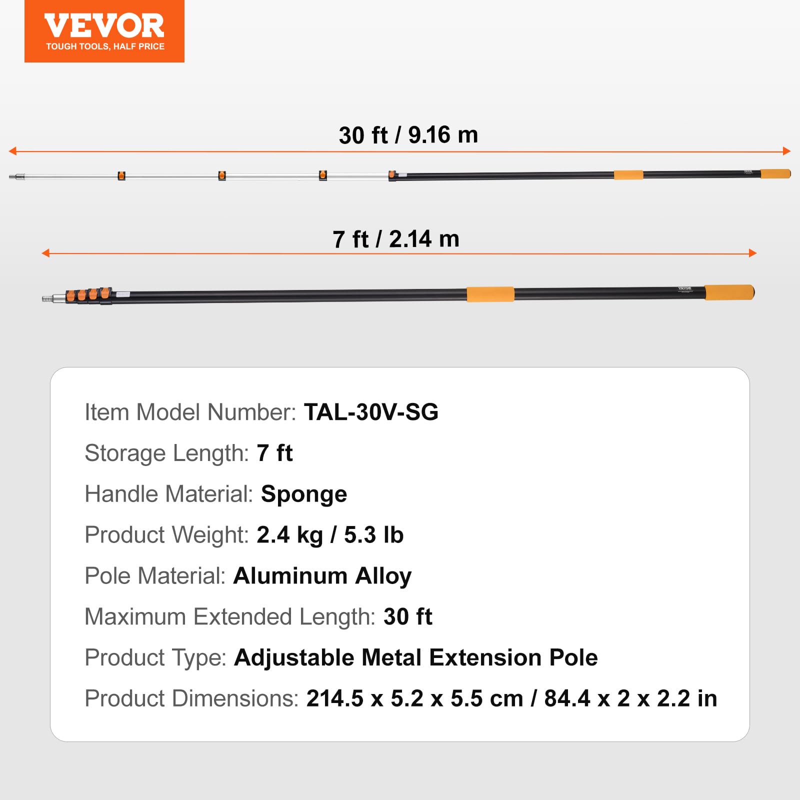VEVOR Poste de extensión telescópico, poste de extensión multiusos de 7-30 pies, poste extensible de pintura de aleación de aluminio resistente con diseño de bloqueo abatible, poste telescópico para pintar, quitar el polvo y limpiar