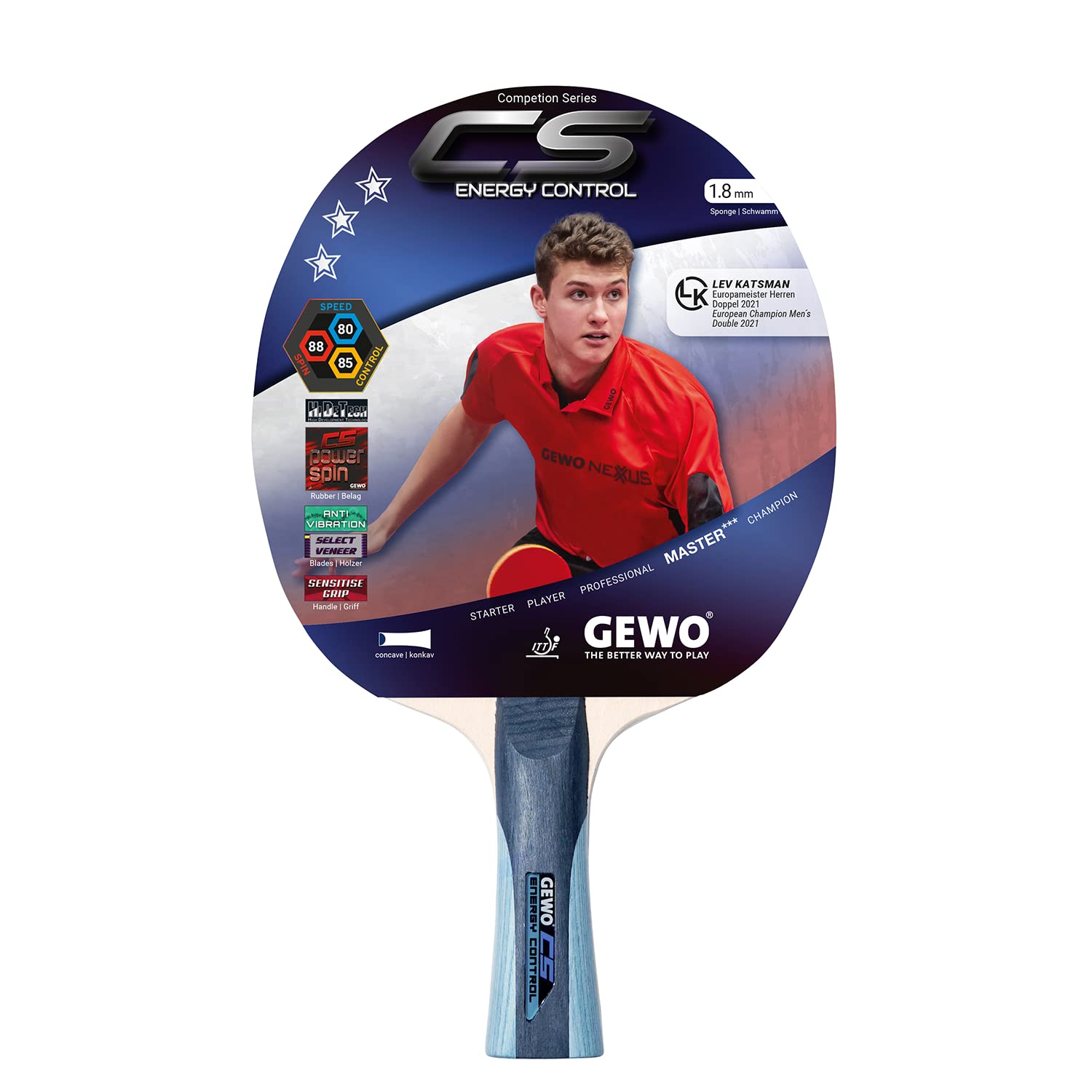 GEWO CS Energy Control Concave Adult Bat/Developed by Christian Sweet Table Tennis Bat, Grey/Blue