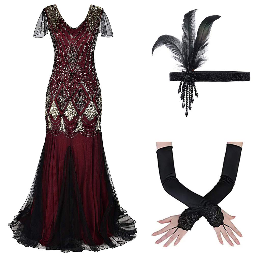 Photo 1 of Women's 1920s Flapper Dress Vintage 20s Great Gatsby Party Dress Fringe Sequin Maxi Evening Cocktail Dresses Lady Floor Length Long Prom Formal Wedding Dance Gown with 20s Accessories Set Dark Red 2XL