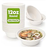 W&Y 12 oz Paper Bowls, 100-Count Disposable Compostable Bowls, Microwave Safe & Heavy Duty, Biodegradable Sugarcane Fiber Bowl for Hot Soup, Salad, Snacks, and Party Use
