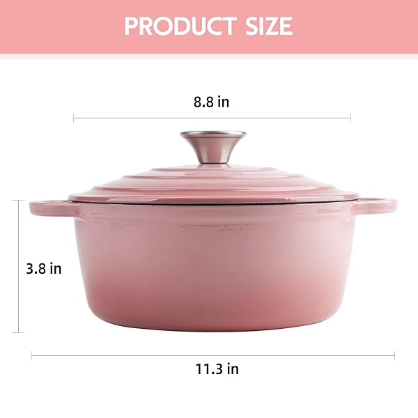 3 QUART DUTCH OVEN ENAMELED CAST IRON WITH LID – BIG DUAL HANDLES – OVEN SAFE UP TO 500°F – CLASSIC ROUND POT FOR VERSATILE COOKING PINK