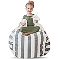 Creative QT Stuff ’n Sit Large 33’’ Bean Bag Storage Cover for Stuffed Animals & Toys – Gray & White Stripe – Toddler & Kids’