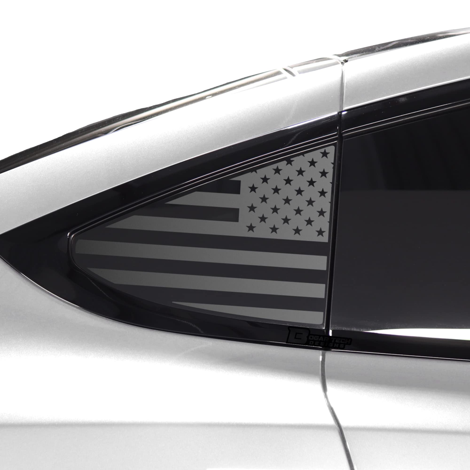 Photo 1 of BOGAR TECH DESIGNS Precut Quarter Window American Flag Vinyl Decal Compatible with Tesla Model X, Matte Black