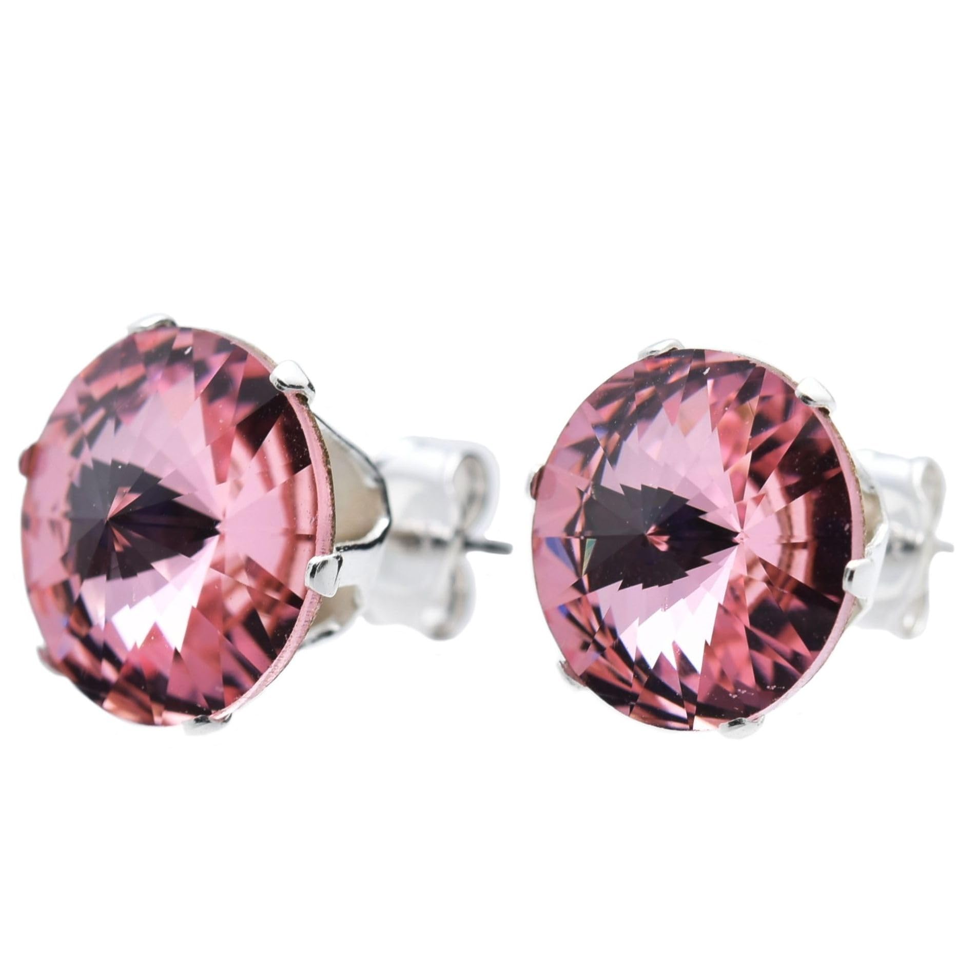 pewterhooter 12mm Sterling Silver Crystal Stud Earrings for Women (Light Rose)
