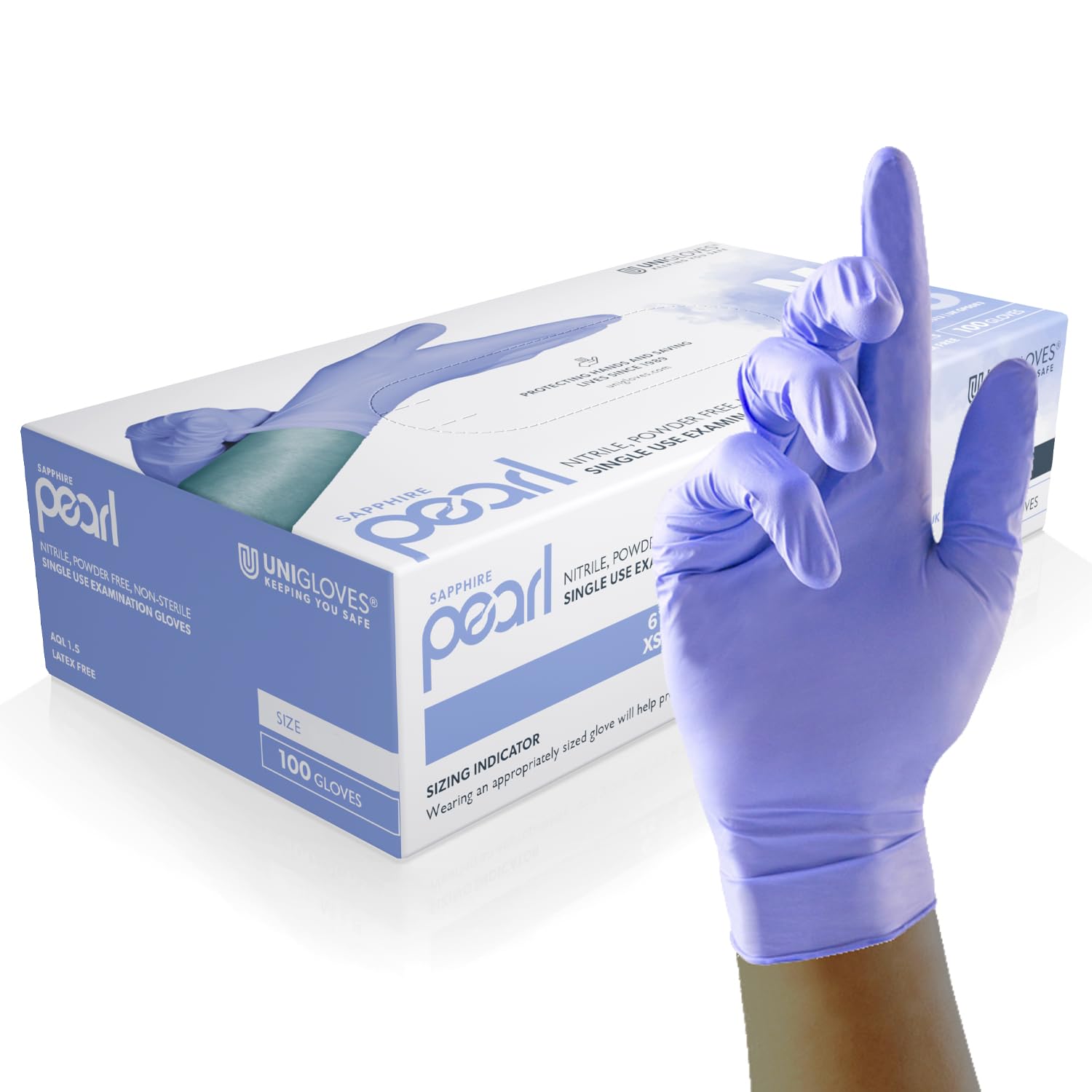 Unigloves Sapphire Pearl Nitrile Examination Gloves - Multipurpose, Powder Free and Latex Free Disposable Gloves - Box of 100, Extra Small (GP0081) โ image 1