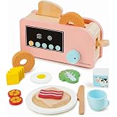 Pillowhale Wooden Toaster Toy, Pop-Up Toast &amp; Bagel Play Food for Kids 3+ | 18-Piece Montessori Play Kitchen Accessories, Pretend Play Breakfast Playset Includes Bagels, Bread, Bacon, Veggies &amp; Milk